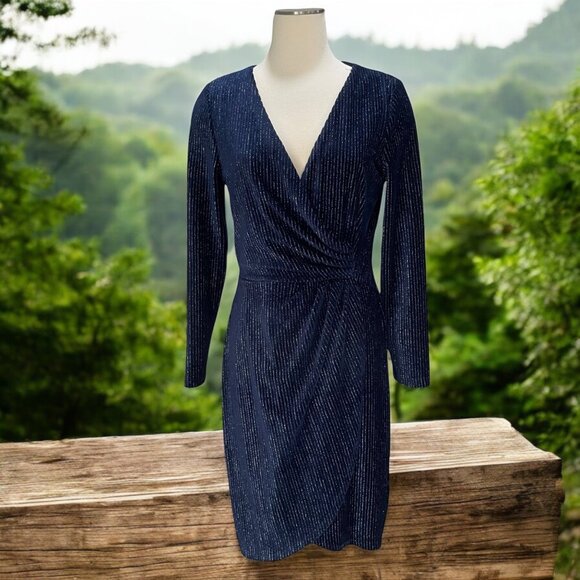 Julia Jordan Navy Glitter Wrap Dress Sz 8 Long Sleeve Sparkle Bodycon Cocktail - Picture 1 of 12